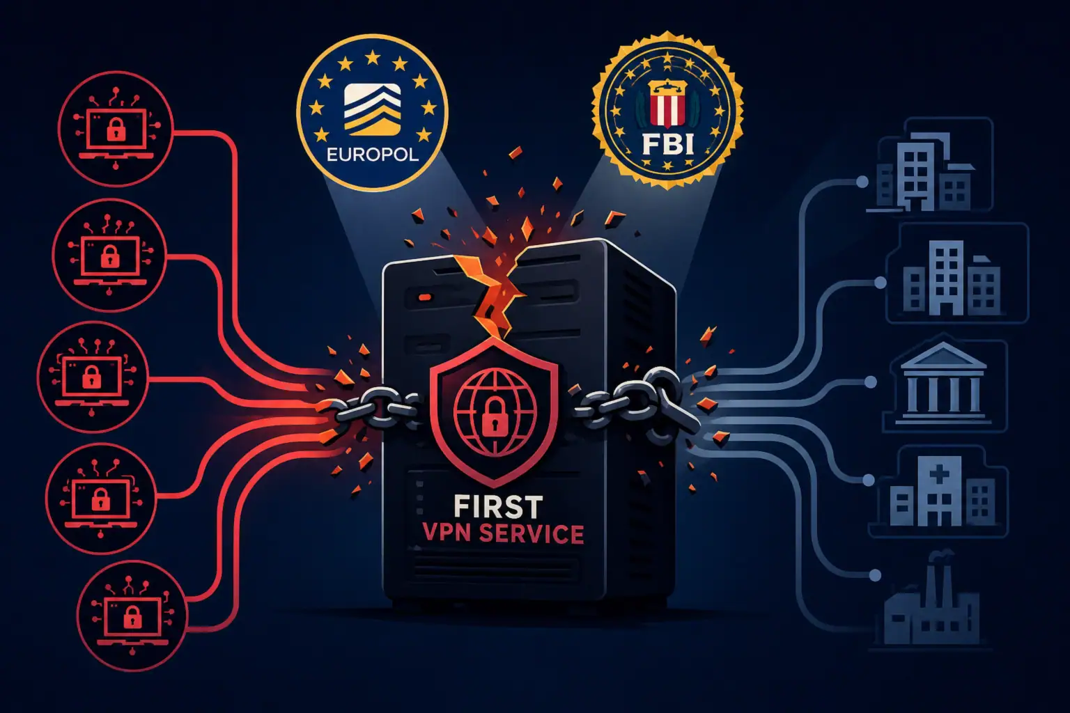 Визуализация отключения первой VPN службы с логотипами Europol и FBI.
