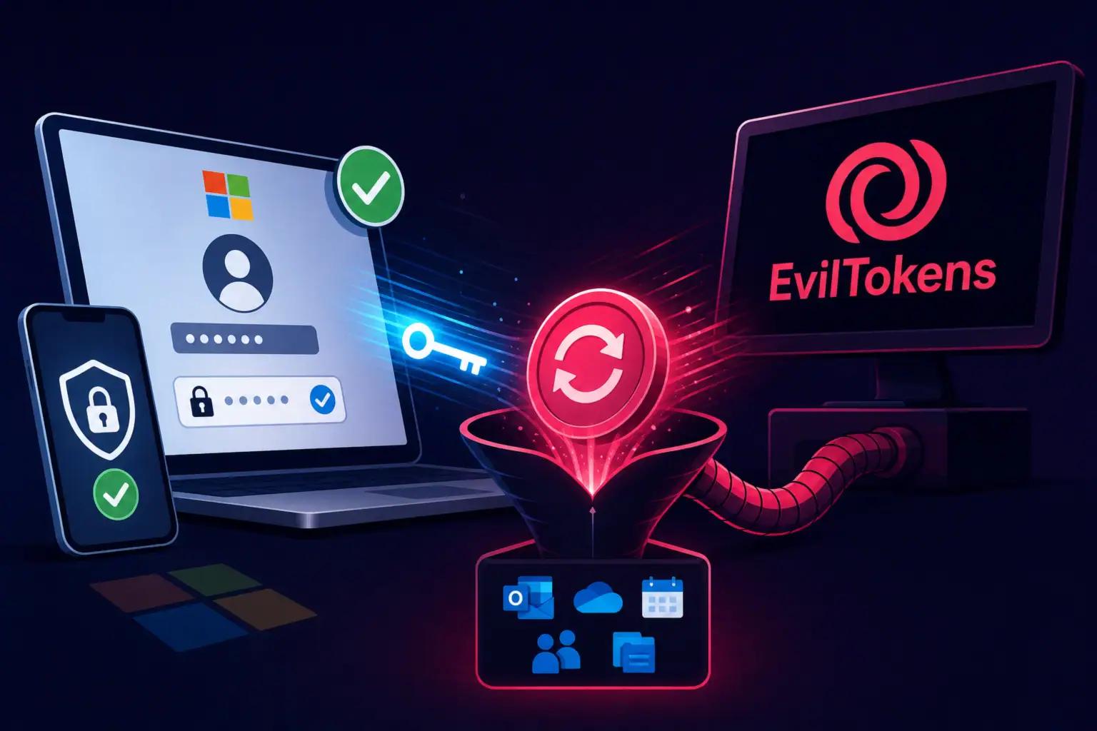 Dispositivos conectados con íconos que representan phishing de OAuth en Microsoft 365.