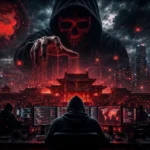 Hooded figure controlling a digital dark web from behind computer screens.