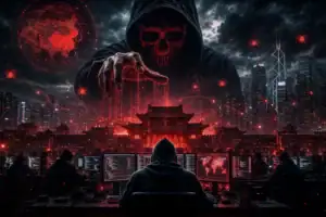 Темная сцена кибератаки с фигурами за компьютерами и зловещим существом.