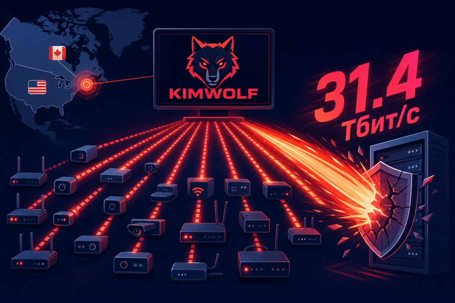 Visual representation of the Kimwolf DDoS botnet's architecture.