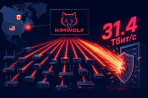 Картинка, иллюстрирующая ботнет Kimwolf и его атаку на сервер.