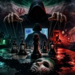 Dark, surreal chess scene with puppet master controlling pieces and eerie figures.