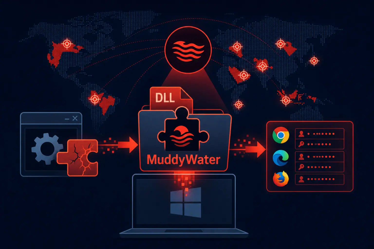 Infografía sobre la campaña MuddyWater y ataques DLL en navegadores.