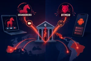 Illustration showing banking Trojan campaigns Grandoreiro and BTMOB targeting a bank.