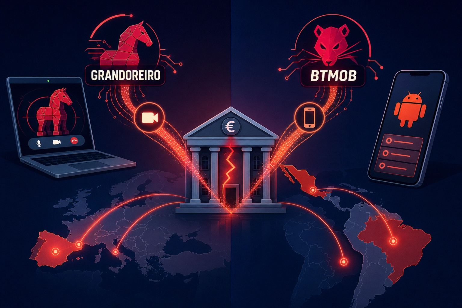 Illustration showing banking Trojan campaigns Grandoreiro and BTMOB targeting a bank.