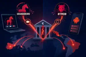 Grafik von Cyber-Bedrohungen durch Grandoreiro und BTMOB im Bankensektor.
