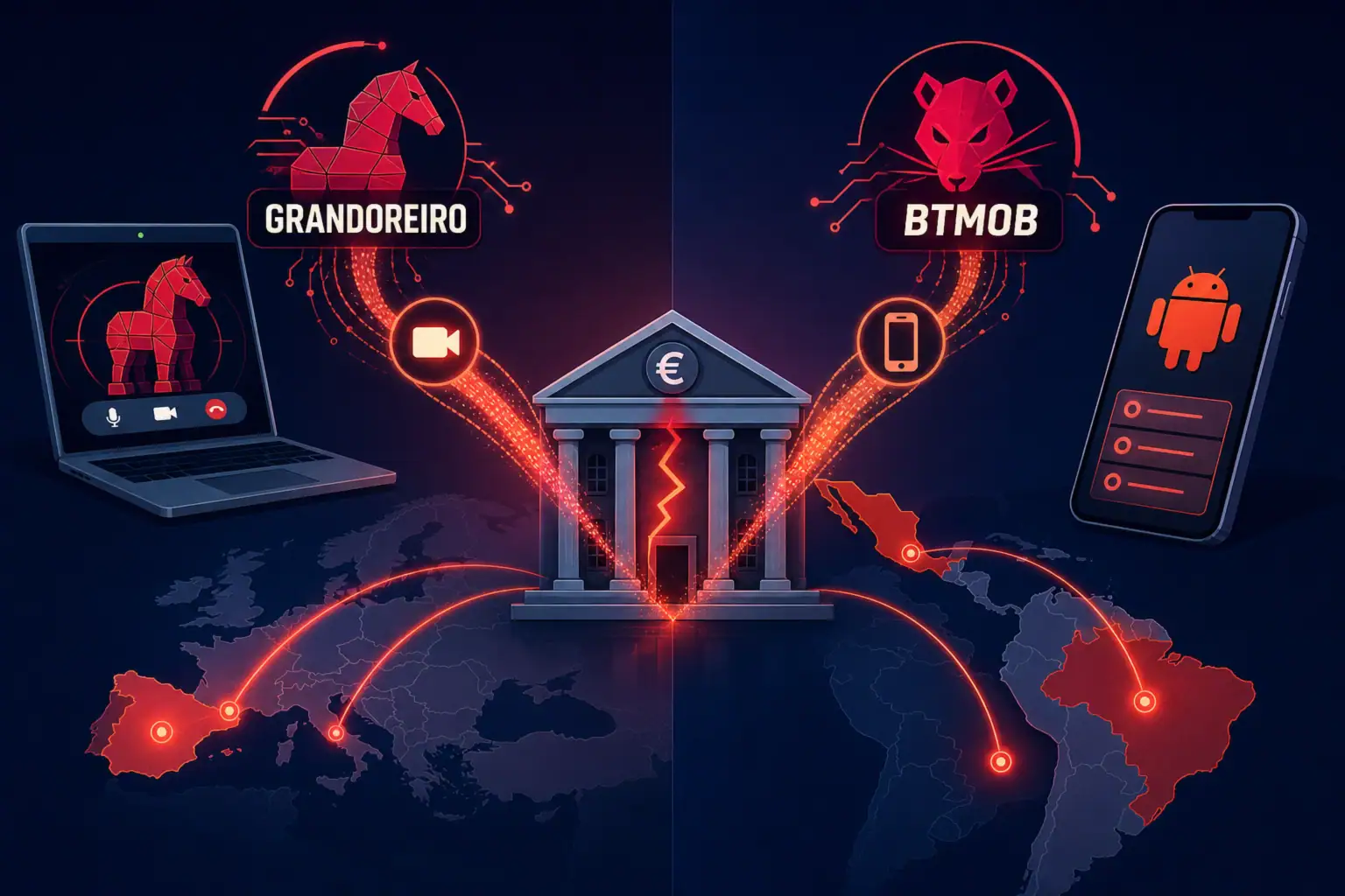 Графическое представление банковских троянов Grandoreiro и BTMOB, атакующих финансовый сектор.