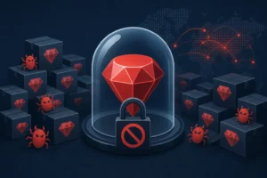 Red diamond under dome with locks surrounded by boxes and bugs.