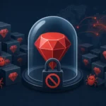 Червоний маркер Ruby захищений скляним куполом і замком, на фоні коробок.