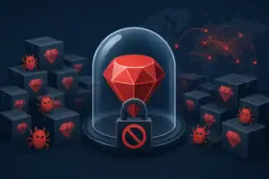 Rote Diamant-Grafik in einer Glaskuppel, umgeben von Malware-Elementen.