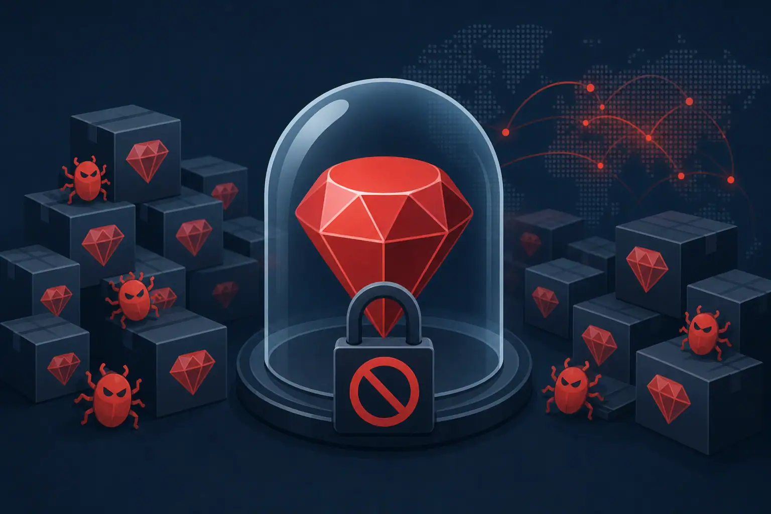 Червоний маркер Ruby захищений скляним куполом і замком, на фоні коробок.
