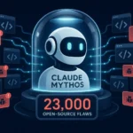 Cartoon robot named Claude Mythos in a domed display with error icons.