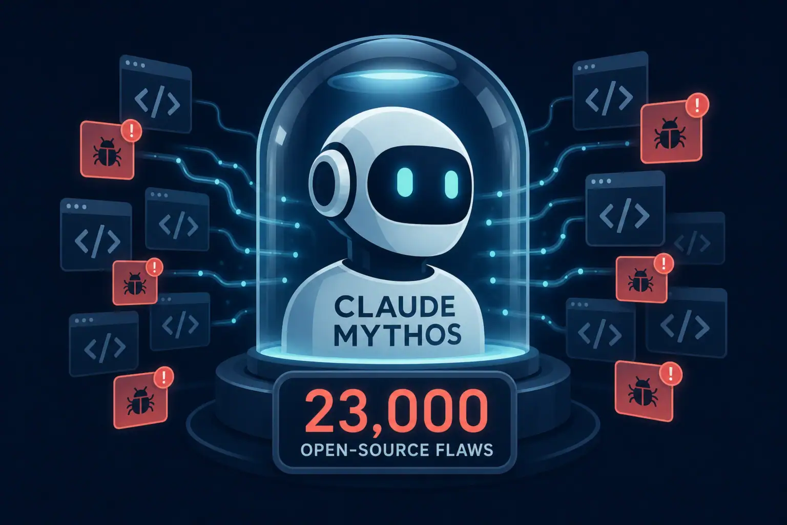 Cartoon robot named Claude Mythos in a domed display with error icons.