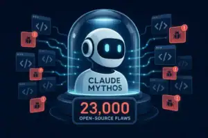 Roboterfigur in Glasdom mit "23.000 Open-Source-Fehler" im Hintergrund.