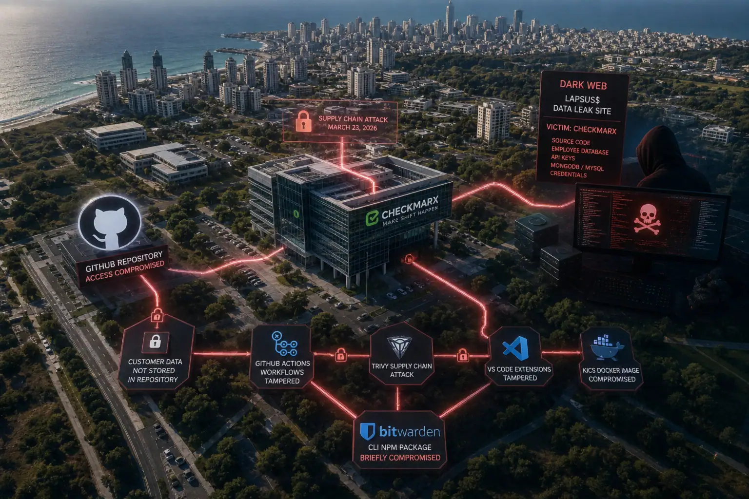 Mapa ilustrativo de un ataque de cadena de suministro a Checkmarx.