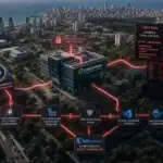 ** Cybersecurity incident map highlighting data breach connections and affected entities.