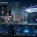 Futuristic scene illustrating cyber attacks in 2025 with data visualizations and analysts.
