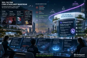 Futuristic scene illustrating cyber attacks in 2025 with data visualizations and analysts.