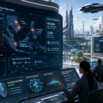 Futuristic cyber security command center with detailed threat analysis displayed.