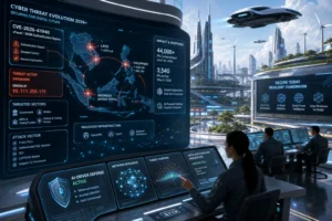 Futuristic cyber security command center with detailed threat analysis displayed.