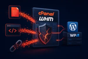 Graphic depicting cPanel WHM vulnerabilities affecting WordPress security.