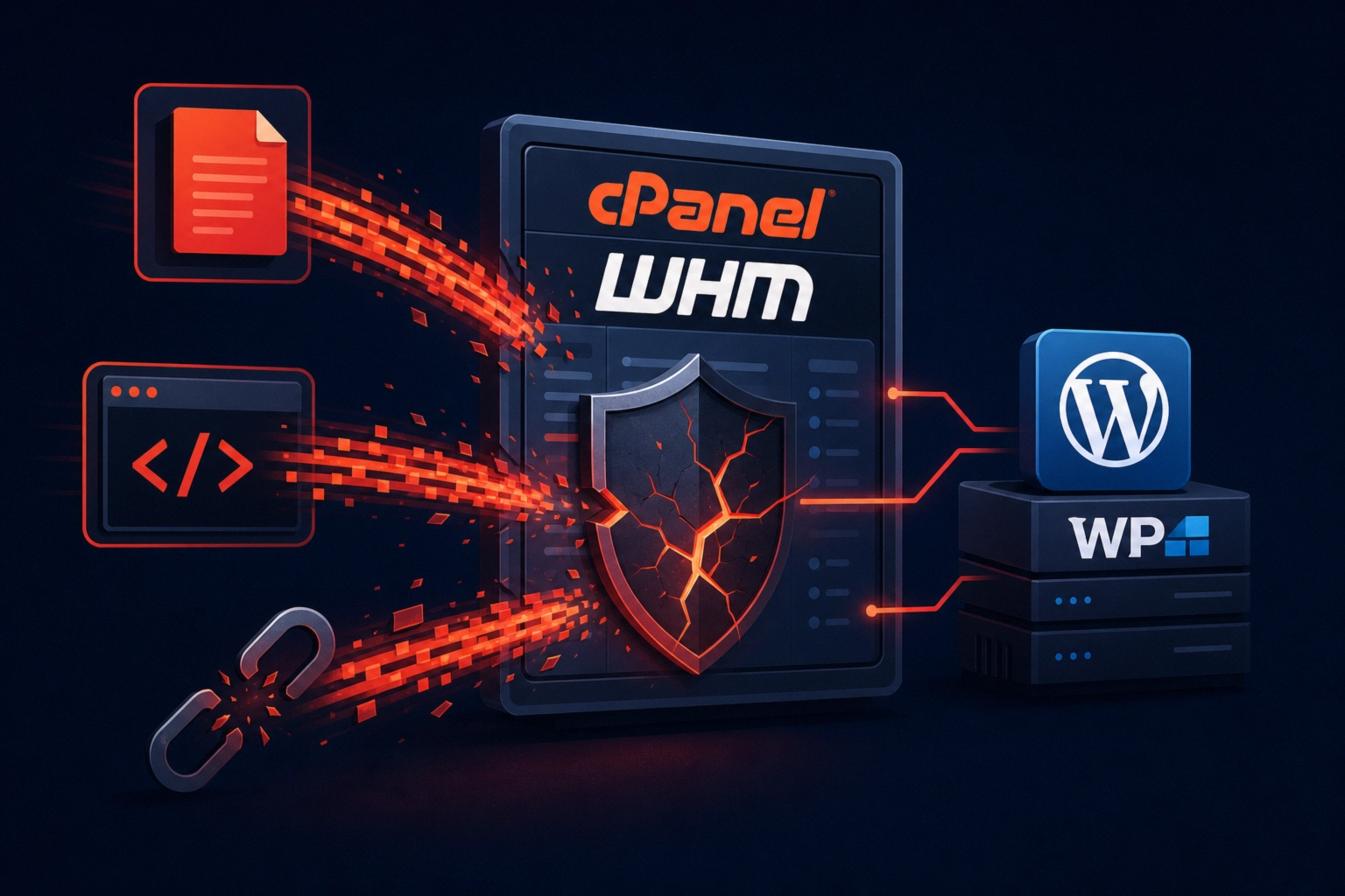 Graphic depicting cPanel WHM vulnerabilities affecting WordPress security.