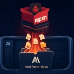 Malicious npm package targeting AI with glowing data transfer effect.
