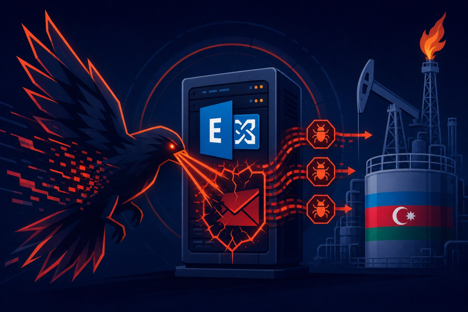 Digital artwork of a cyber attack targeting Azerbaijan's oil sector.