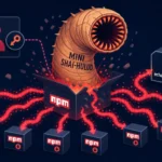 Mini Shai-Hulud als Wurm, der aus einer Kiste erscheint und npm-Logos umgibt.