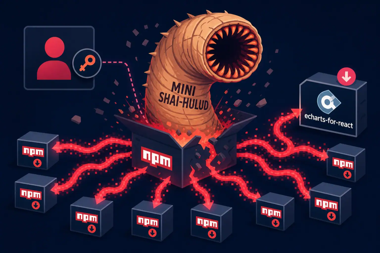 Mini Shai-Hulud als Wurm, der aus einer Kiste erscheint und npm-Logos umgibt.