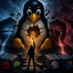 A hooded figure holds a key toward a giant cracked penguin symbol amidst dark shadows.