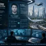 Visualisierung einer futuristischen Stadt mit Cyber-Sicherheitsfokus und Informationen über Xu Zewei.