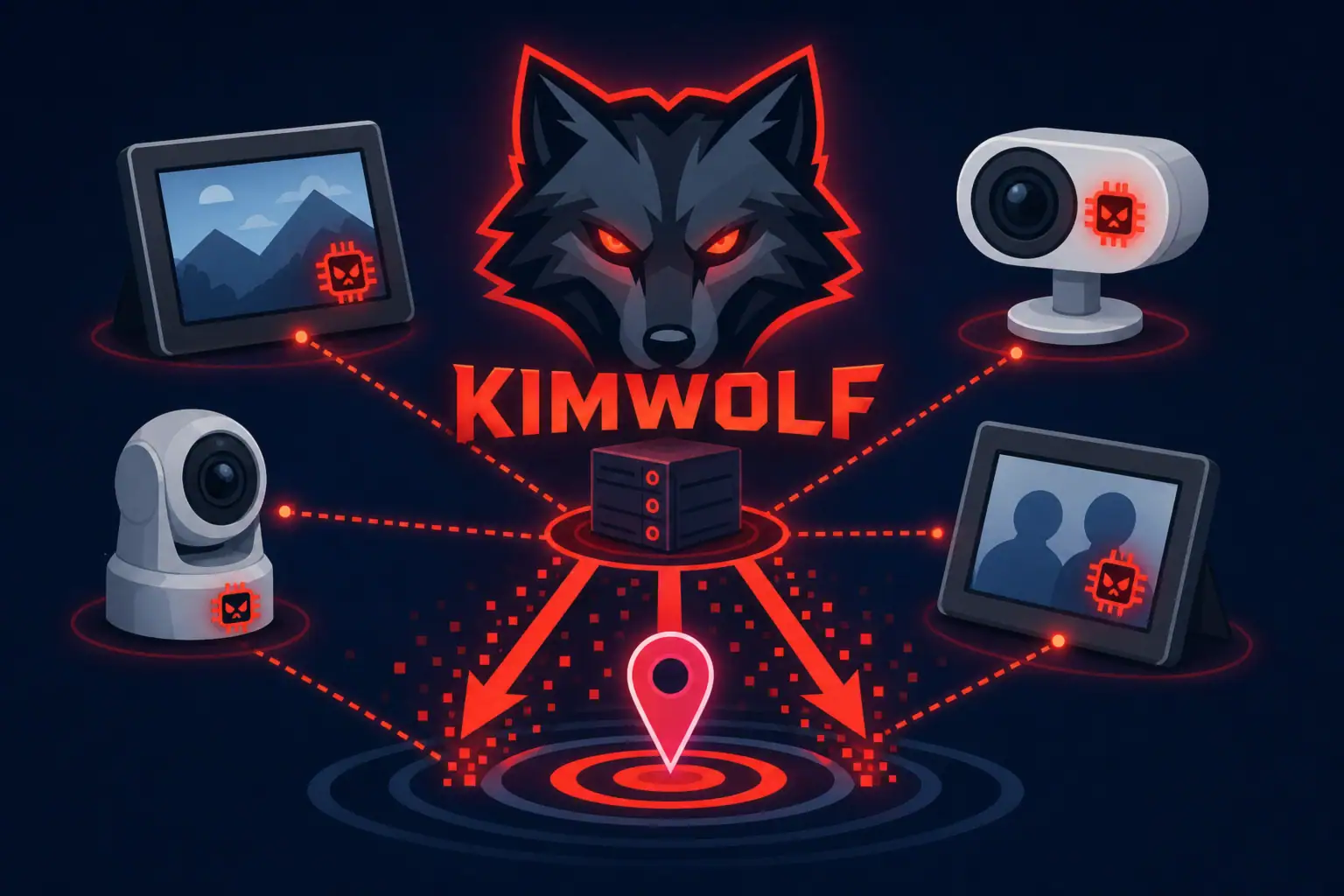 Graphic of Kimwolf logo with connected devices and arrows, emphasizing DDoS botnet.
