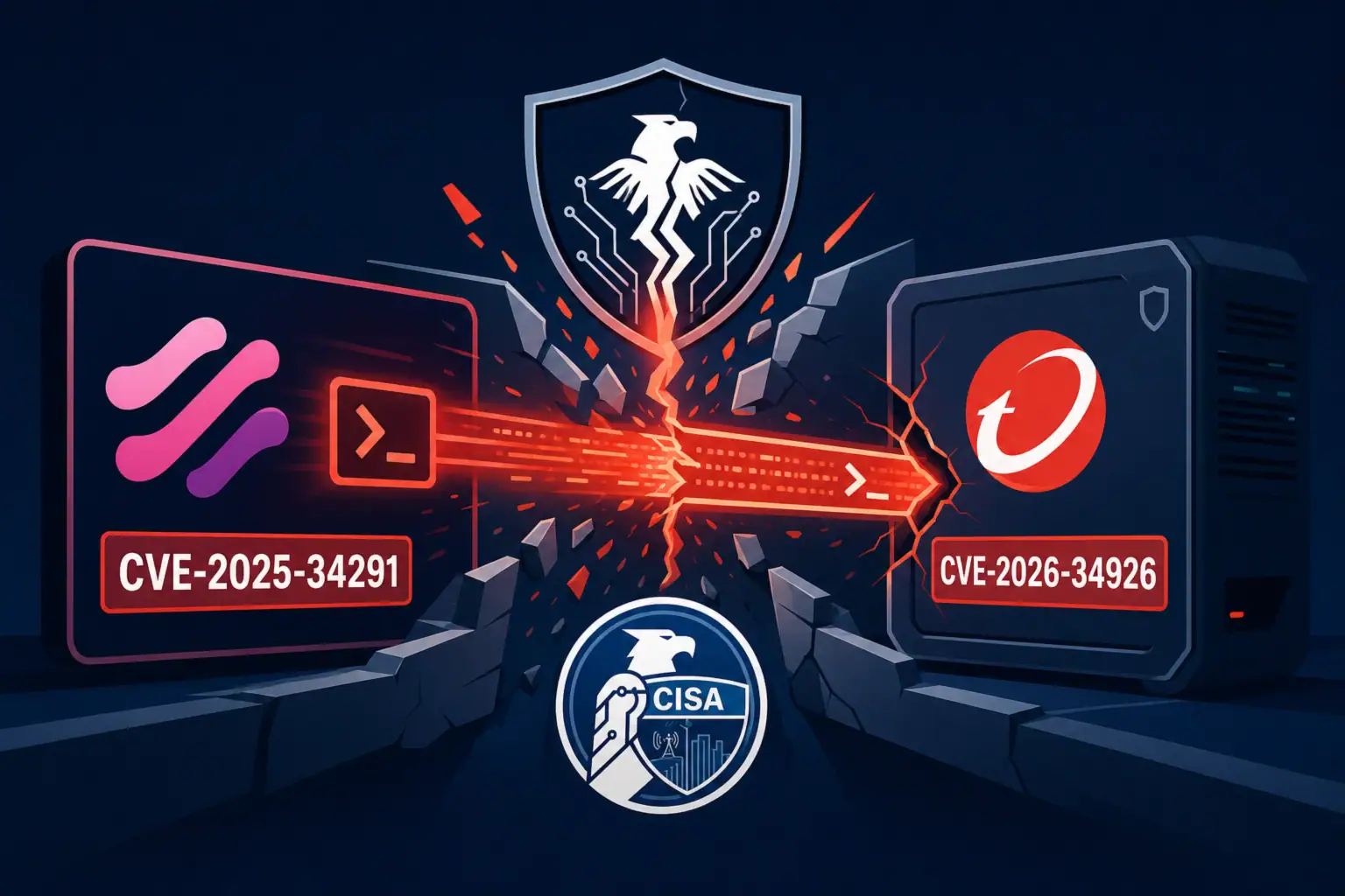 Графічна ілюстрація вразливостей Langflow та Apex One в контексті CISA.