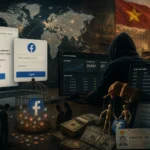 Bild zeigt eine düstere Cyber-Szene mit Facebook-Logos und Datenanalysen.
