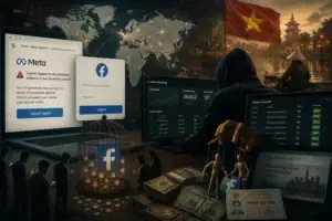 Bild zeigt eine düstere Cyber-Szene mit Facebook-Logos und Datenanalysen.