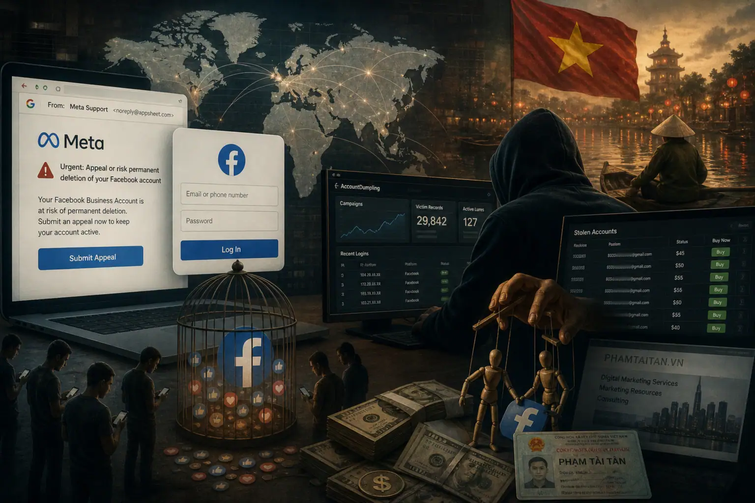 Сцена с экранами Facebook, кражей аккаунтов и темной фигурой в капюшоне.
