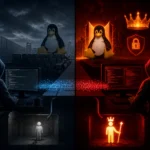 ** Two contrasting scenes depict a hacker's journey with penguin mascot symbolism.