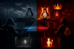 ** Two contrasting scenes depict a hacker's journey with penguin mascot symbolism.