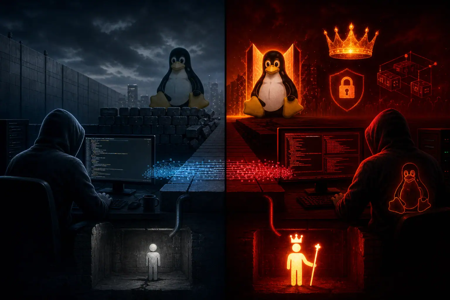 ** Two contrasting scenes depict a hacker's journey with penguin mascot symbolism.
