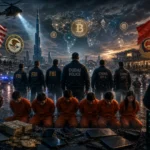 Multiple law enforcement figures oversee a group in orange jumpsuits, with flags and digital elements.