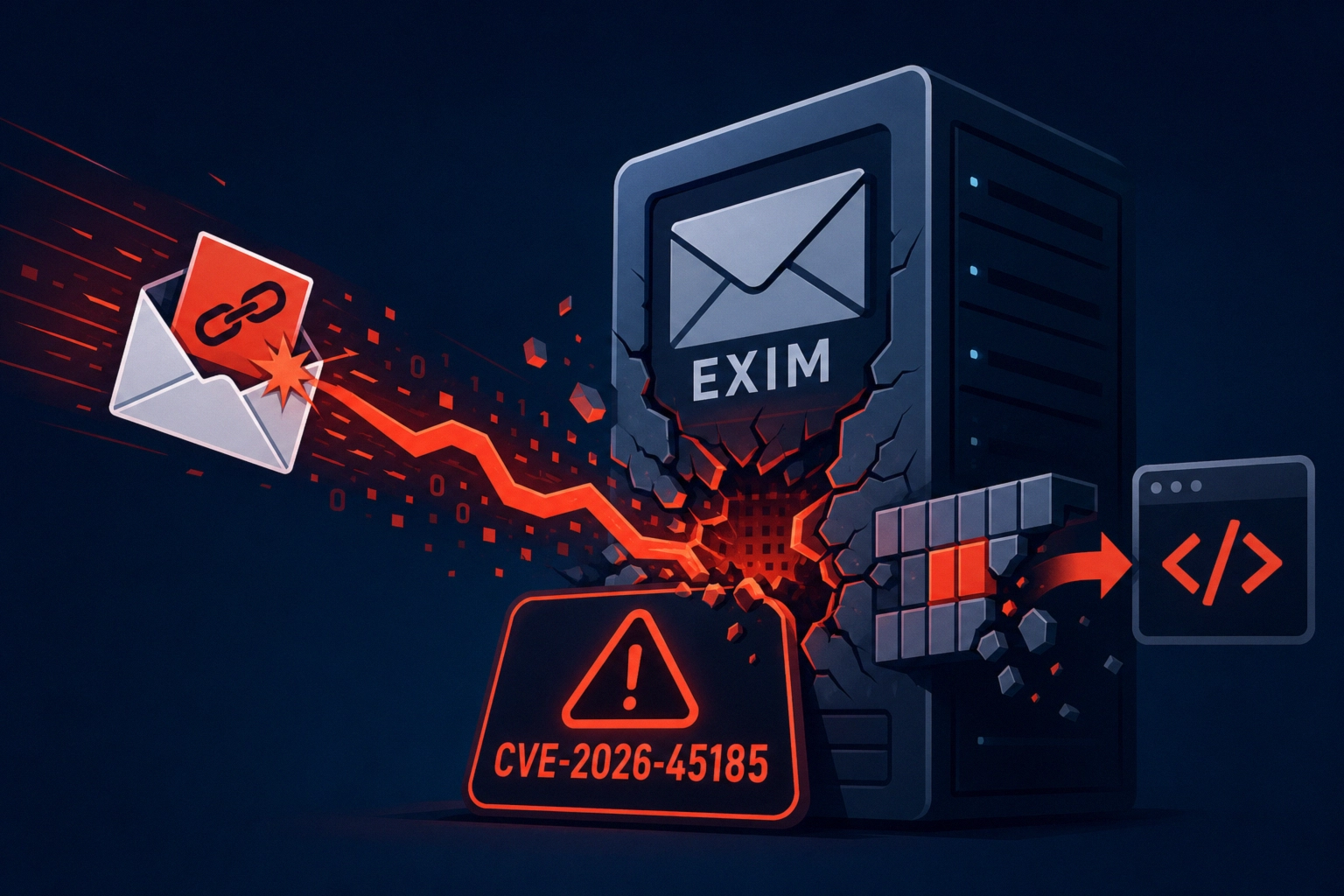 Exim server illustration highlighting CVE-2026-45185 vulnerability.