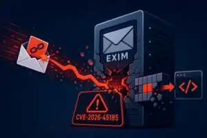 Exim-Server mit Warnung zu CVE-2026-45185 und Sicherheitsrisiken.