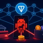 Android Trojan graphic depicting malware activity and cryptocurrency connections.