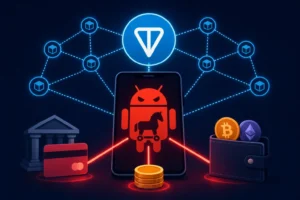 Android Trojan graphic depicting malware activity and cryptocurrency connections.