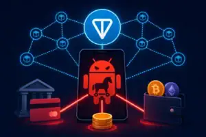 Darstellung eines Android Trojaners mit Symbolen für Kryptowährungen und Banken.