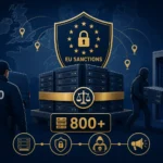 Visual representation of EU sanctions operation with seized servers and officials.