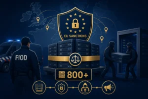 Visual representation of EU sanctions operation with seized servers and officials.