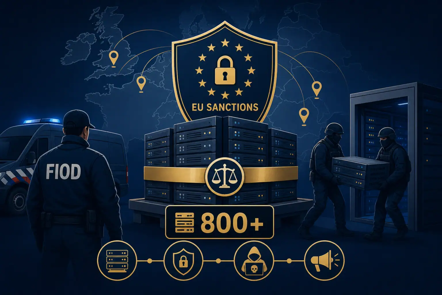 Visual representation of EU sanctions operation with seized servers and officials.